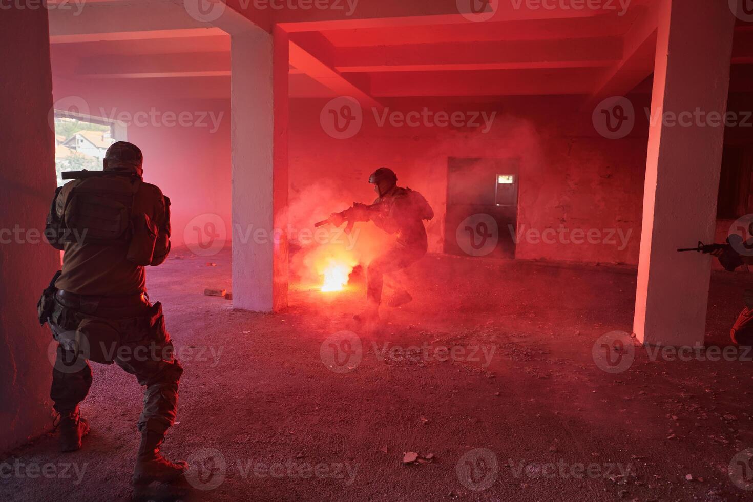 A group of professional soldiers bravely executes a dangerous rescue mission, surrounded by fire in a perilous building. photo