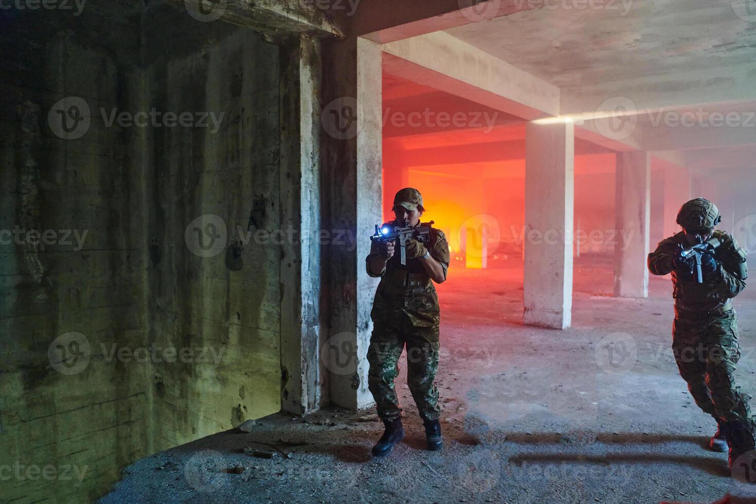 A group of professional soldiers bravely executes a dangerous rescue mission, surrounded by fire in a perilous building. photo