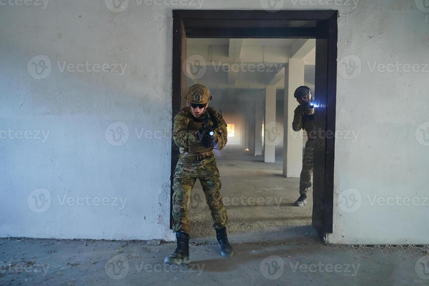 A group of professional soldiers bravely executes a dangerous rescue mission, surrounded by fire in a perilous building. photo
