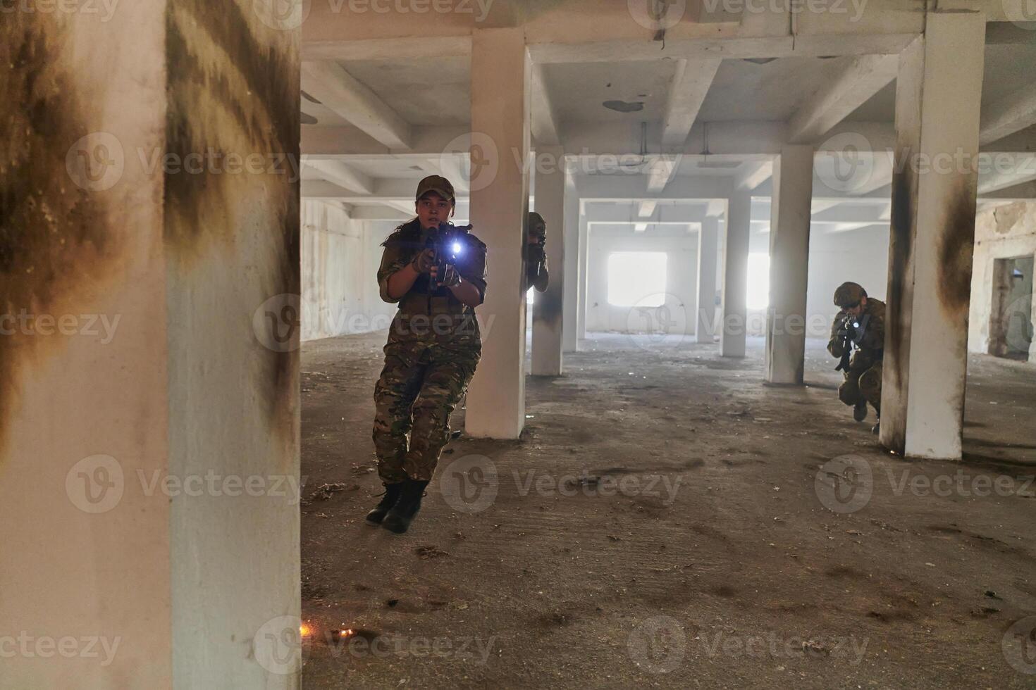 A group of professional soldiers bravely executes a dangerous rescue mission, surrounded by fire in a perilous building. photo