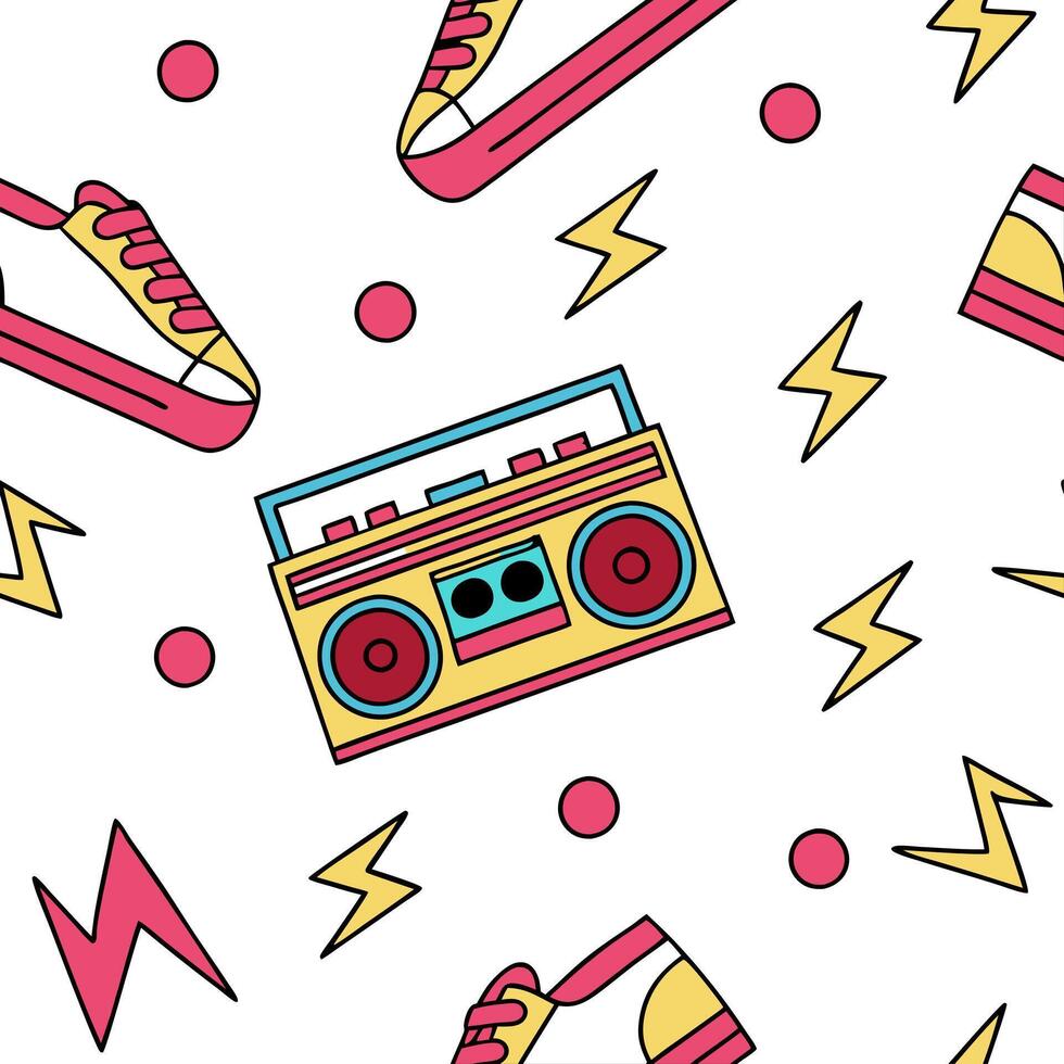 Flat Design a seamless pattern featuring retro geometric shapes in bold contrasting colors for a vibrant 1980s aesthetic concept as Create a repeating pattern with dynamic geometr Clean Pro 2 vector