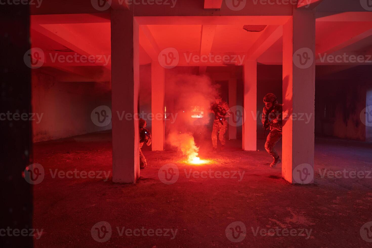 A group of professional soldiers bravely executes a dangerous rescue mission, surrounded by fire in a perilous building. photo