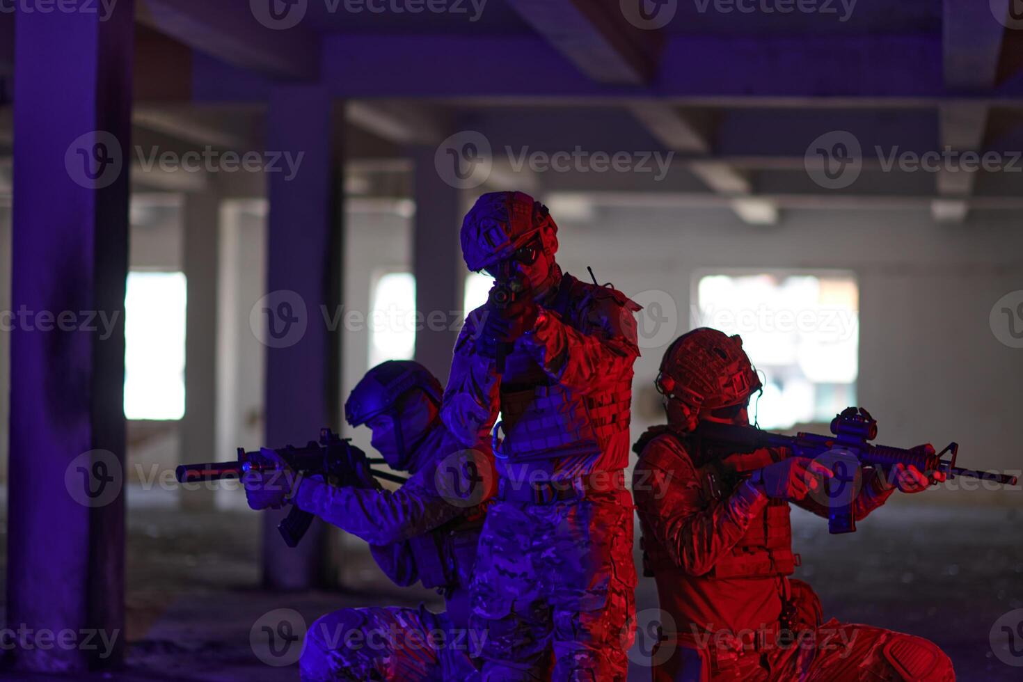 A group of professional soldiers bravely executes a dangerous rescue mission, surrounded by fire in a perilous building. photo
