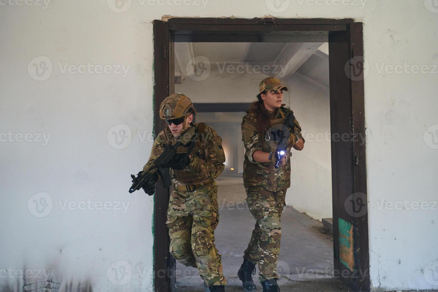 A group of professional soldiers bravely executes a dangerous rescue mission, surrounded by fire in a perilous building. photo