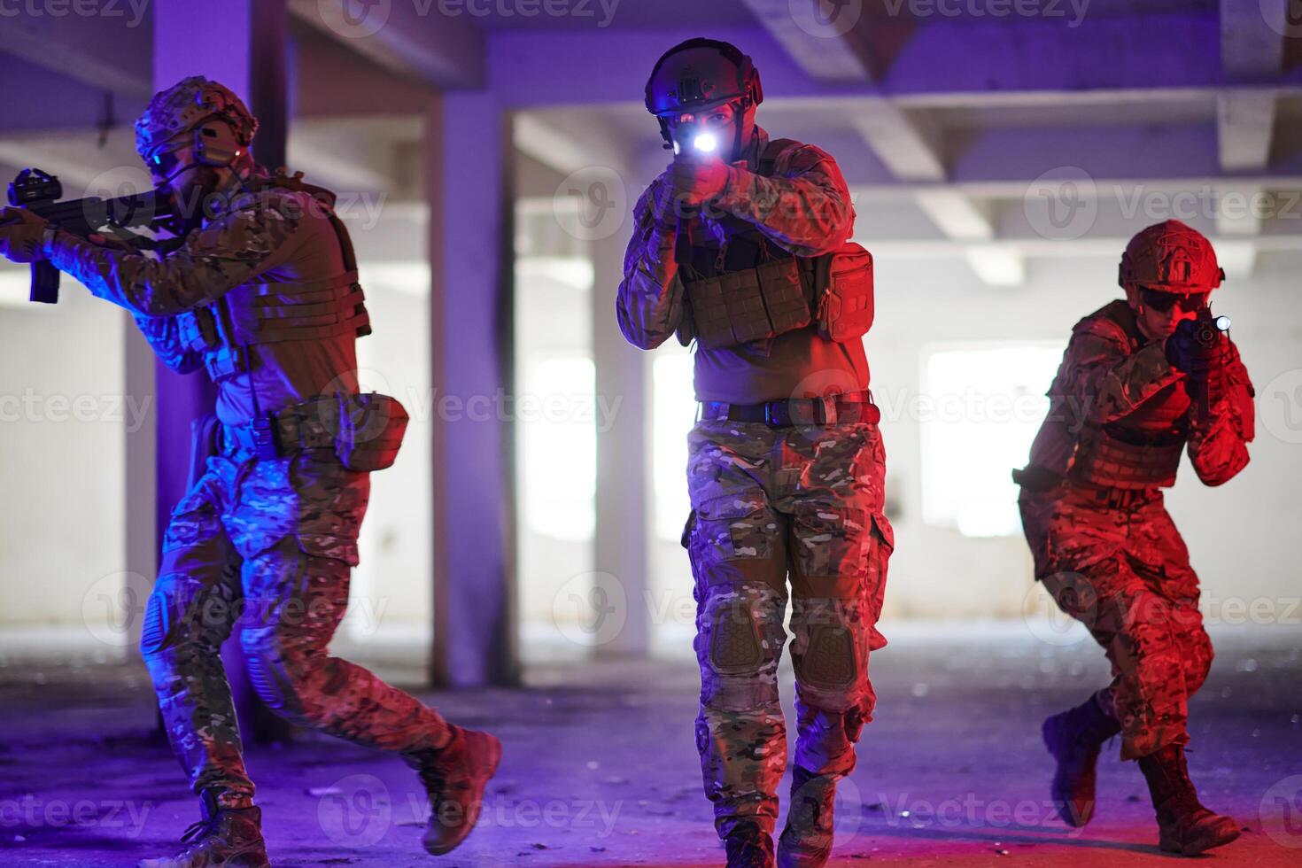 A group of professional soldiers bravely executes a dangerous rescue mission, surrounded by fire in a perilous building. photo