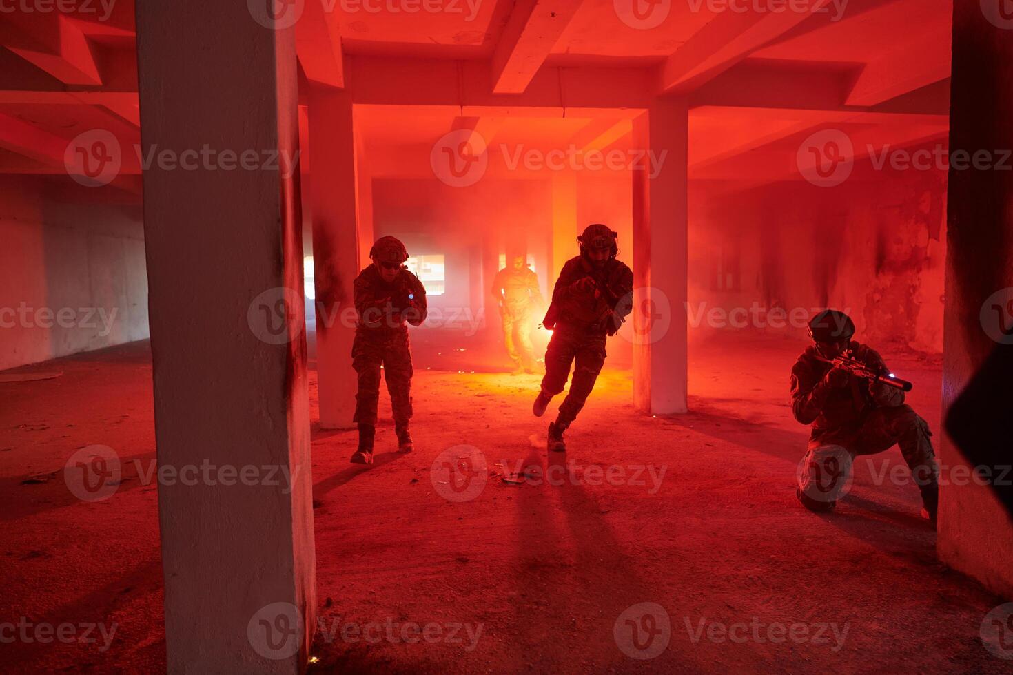 A group of professional soldiers bravely executes a dangerous rescue mission, surrounded by fire in a perilous building. photo