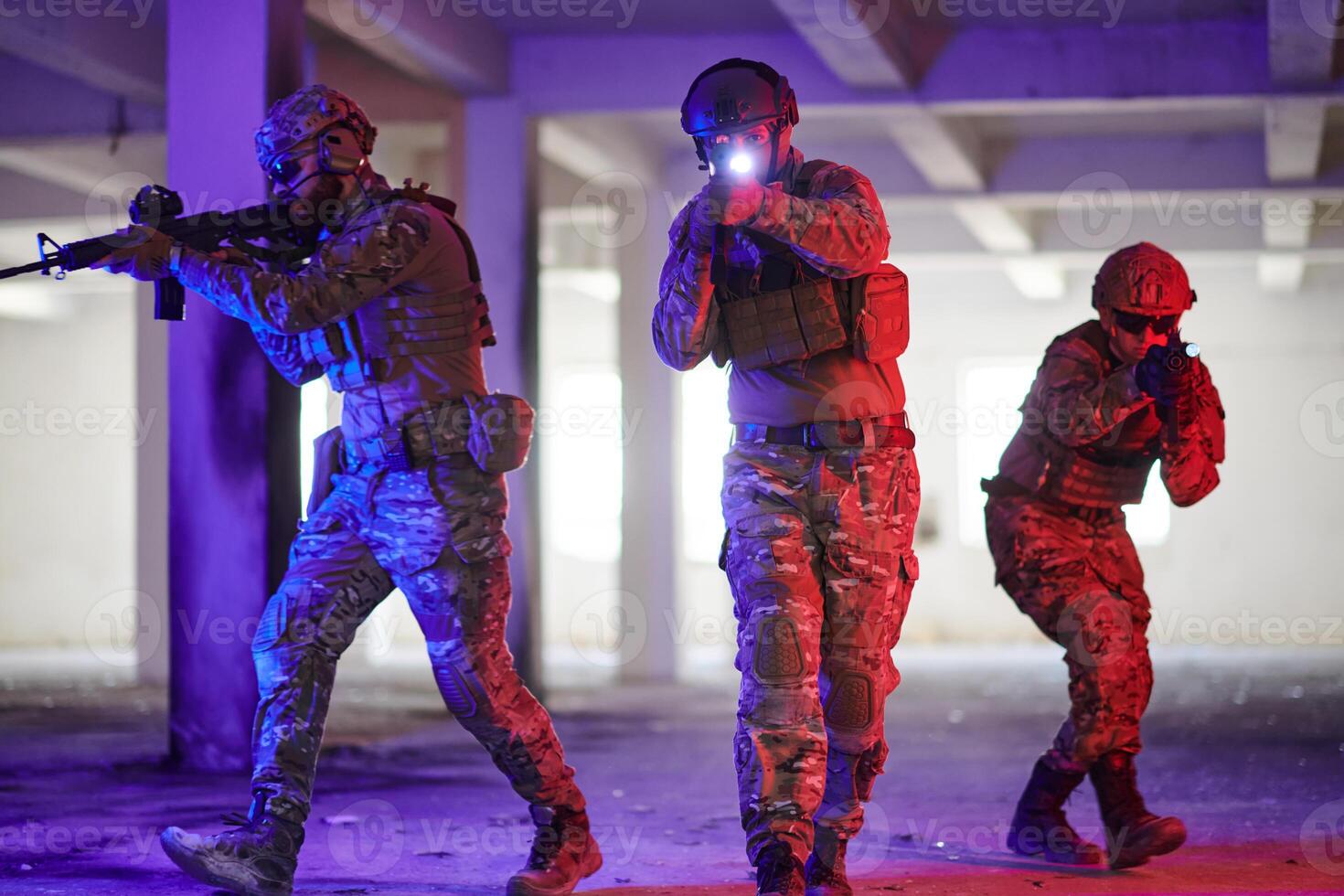 A group of professional soldiers bravely executes a dangerous rescue mission, surrounded by fire in a perilous building. photo
