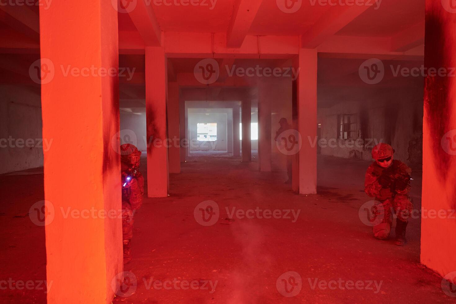 A group of professional soldiers bravely executes a dangerous rescue mission, surrounded by fire in a perilous building. photo