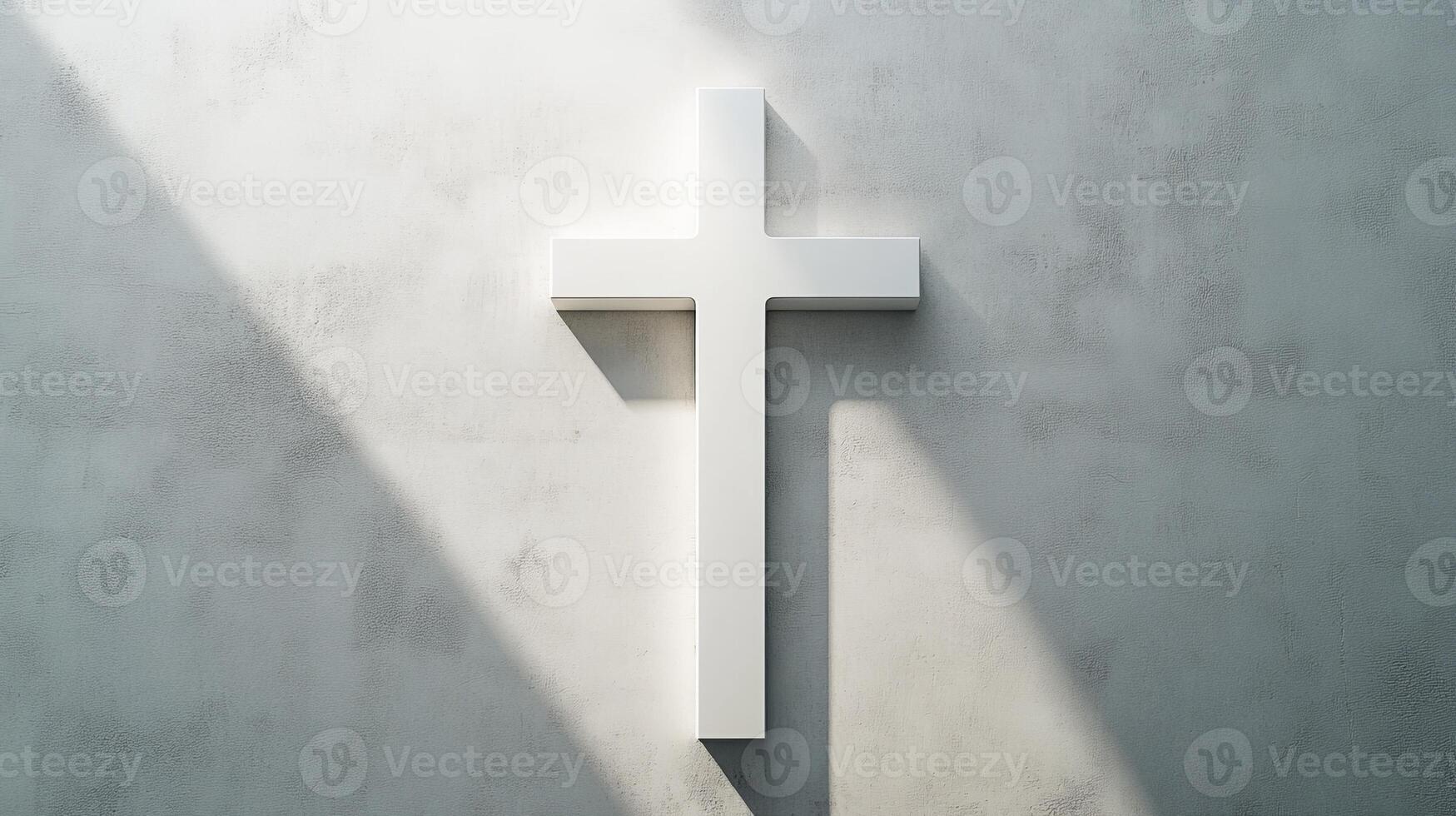 Minimalist white cross on concrete wall with sunlight shadows photo