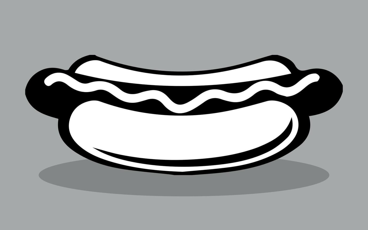 Cartoon Hot Dog with Simple Black and White Design. A black and white digital illustration of a hot dog, emphasizing its bold and minimalistic style with a classic bun and sausage. vector