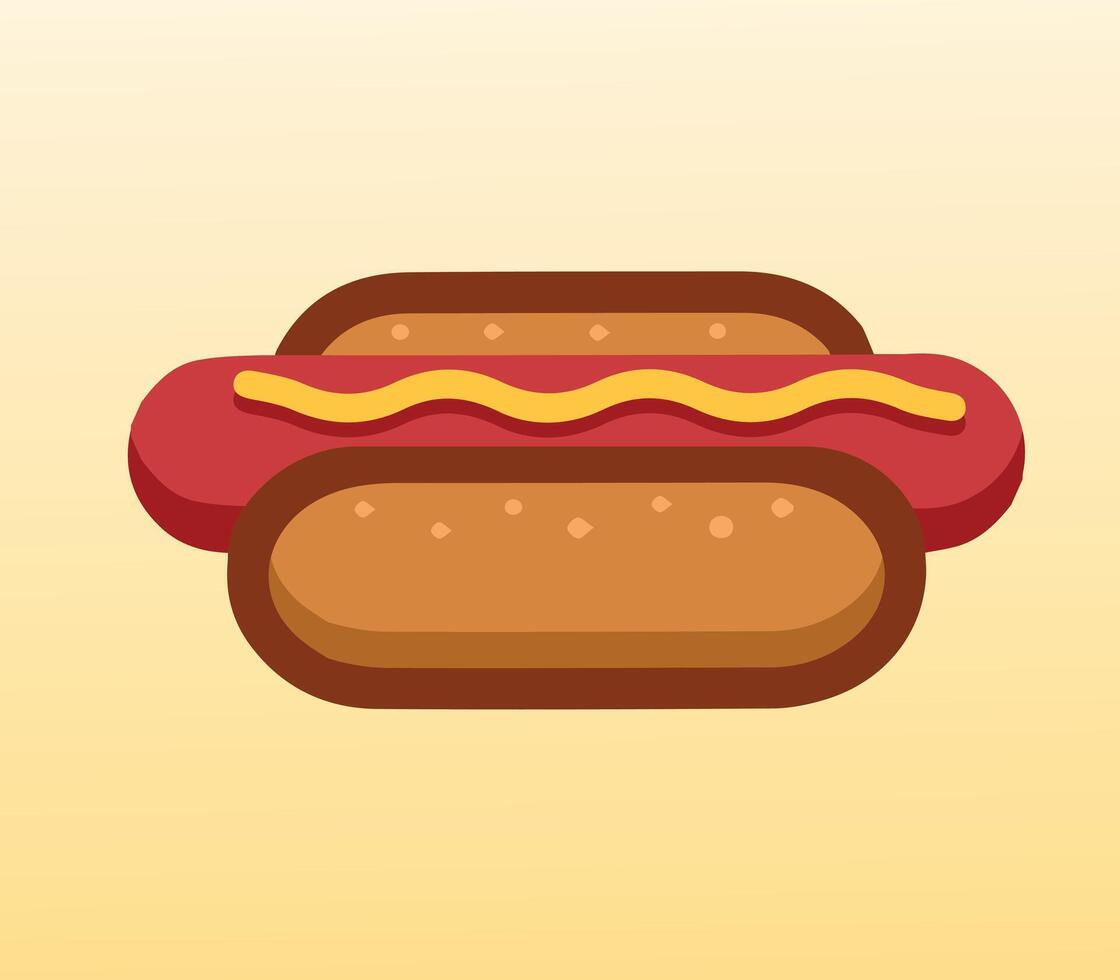 Classic simple minimalist hot dog with mustard on yellow background. A cartoon-style illustration of a hot dog in a bun with mustard on top, set against a warm yellow background. vector