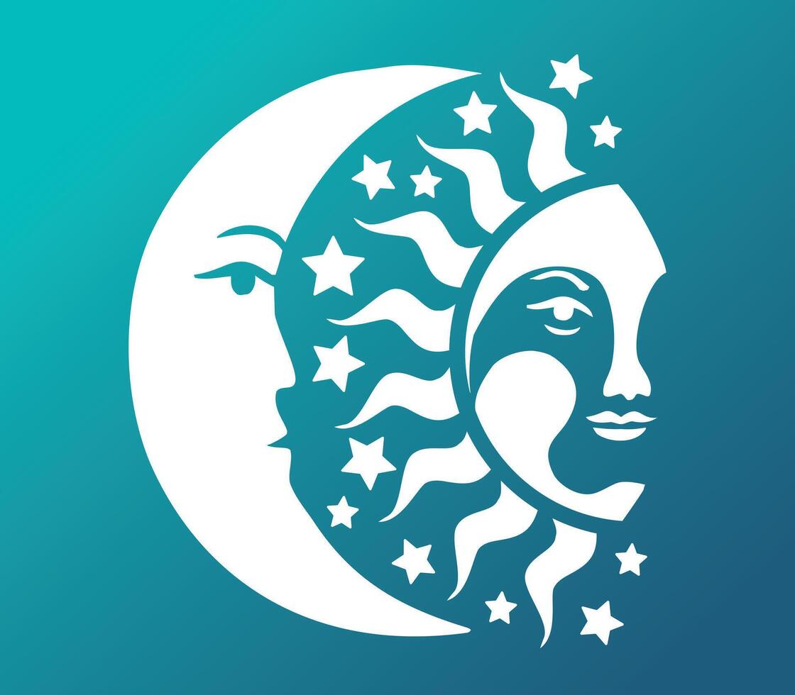Decorative Moon and Sun Face with Stars. An elegant artistic depiction of a moon and sun with intricate details and surrounding stars. vector
