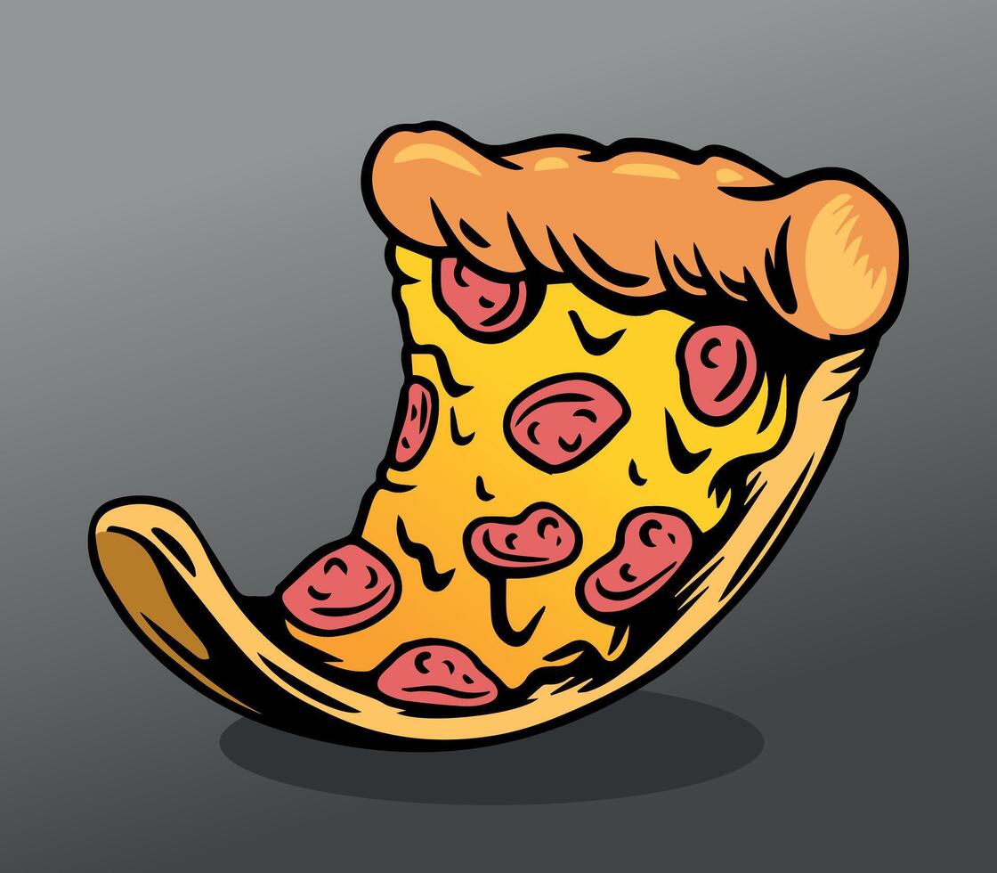 Cartoon Slice of Melting Pepperoni Pizza. A playful cartoon illustration of a delicious melting slice of pepperoni pizza with a crispy crust. vector