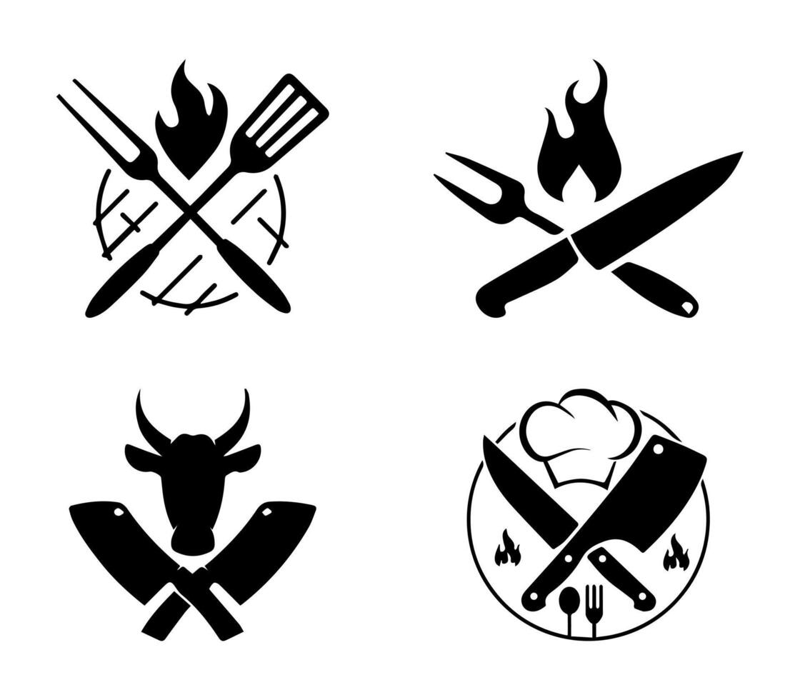 Logo emblem for a grill and barbecue establishment with a fire symbol. A black and white emblem featuring grilling utensils crossed with a flame symbol, representing BBQ culture and cooking. vector