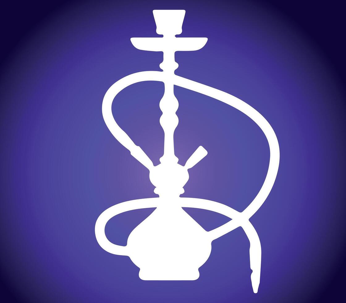 Glowing White Hookah Silhouette on Purple Background. A sleek and elegant white silhouette of a hookah pipe against a glowing purple background, representing relaxation and social smoking. vector