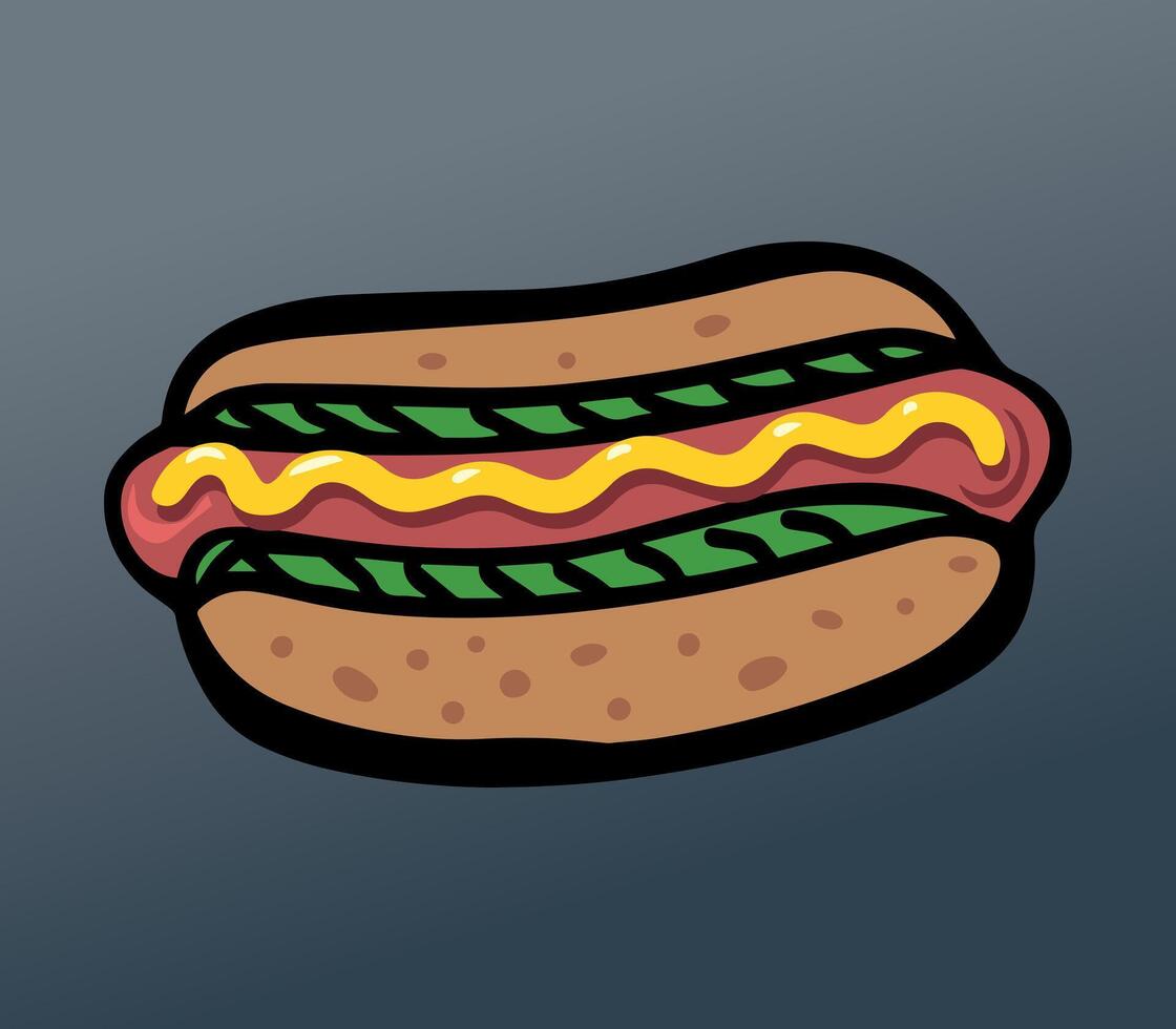 Cartoon hot dog with mustard and greens on a gray background. A bold and fun digital illustration of a hot dog with mustard, highlighting its classic look. vector