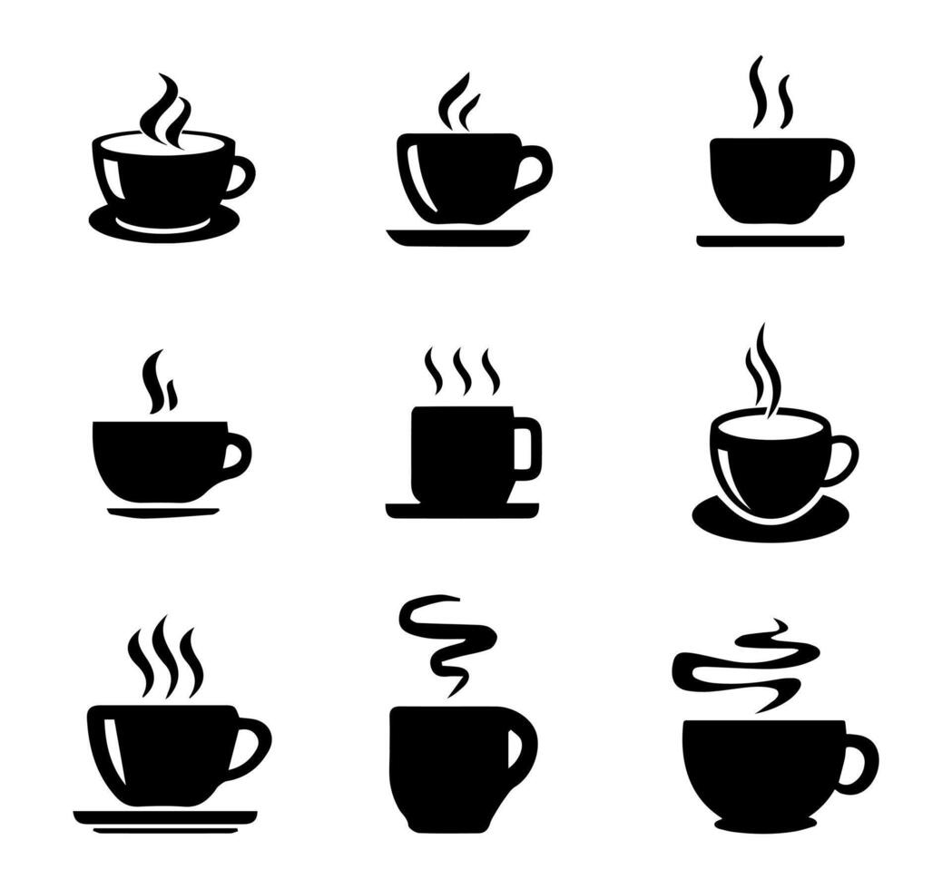 Minimalistic Black Coffee Cup Silhouettes Collection. A collection of simple black silhouettes of coffee cups with steam in various styles, representing hot beverages and cafe culture. vector