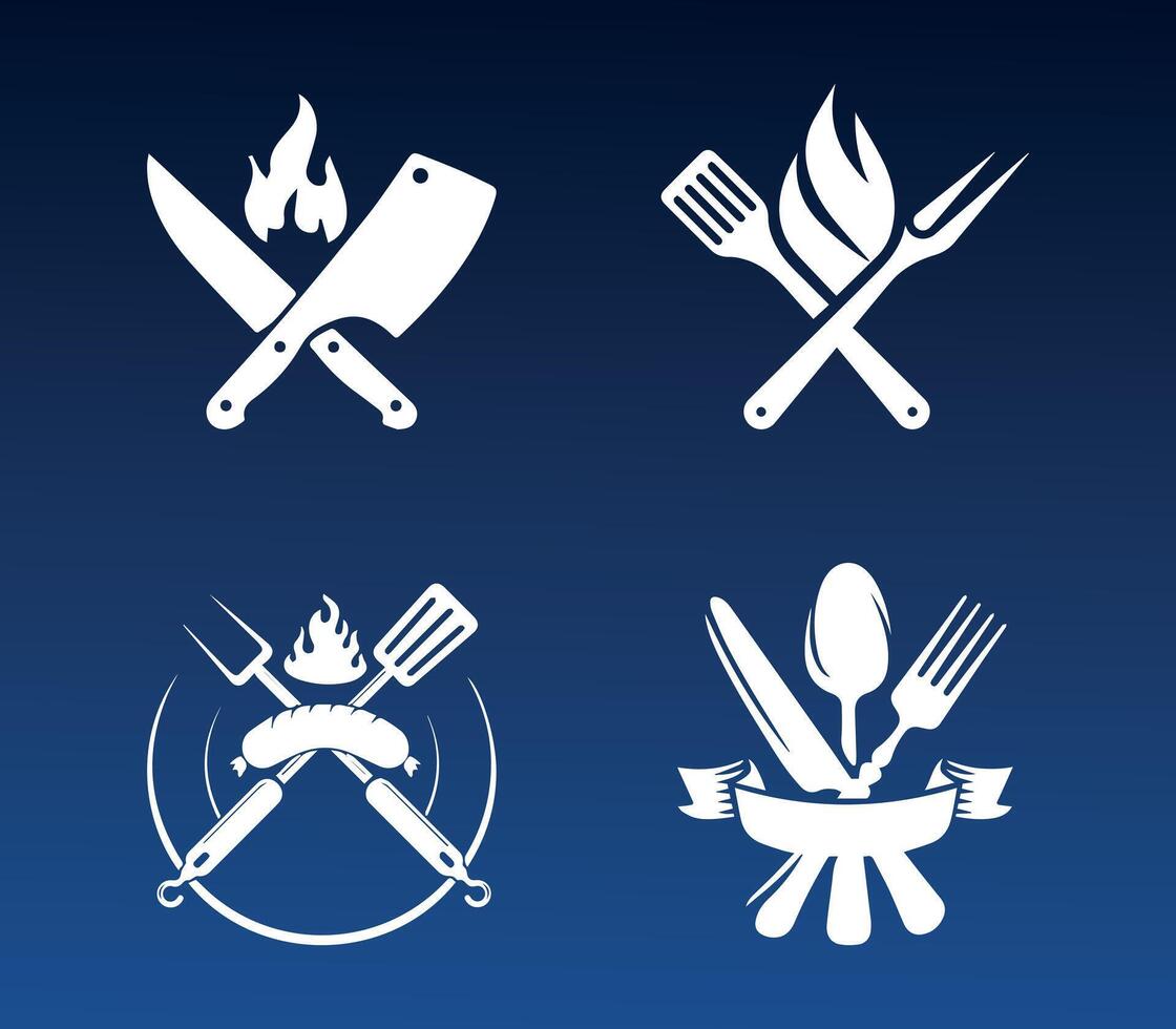 Set of White Cooking and BBQ Icons on Dark Blue Background. A collection of white minimalist icons representing cooking, grilling, and BBQ tools like knives, forks, and flames. vector