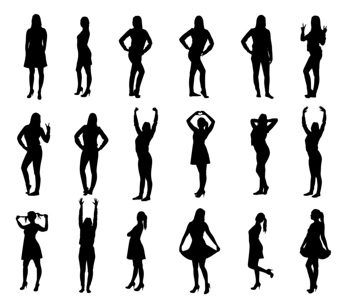 Silhouettes of Women Posing in Different Styles. This image features black silhouettes of women in various confident and stylish poses, expressing elegance, fashion, and movement. vector