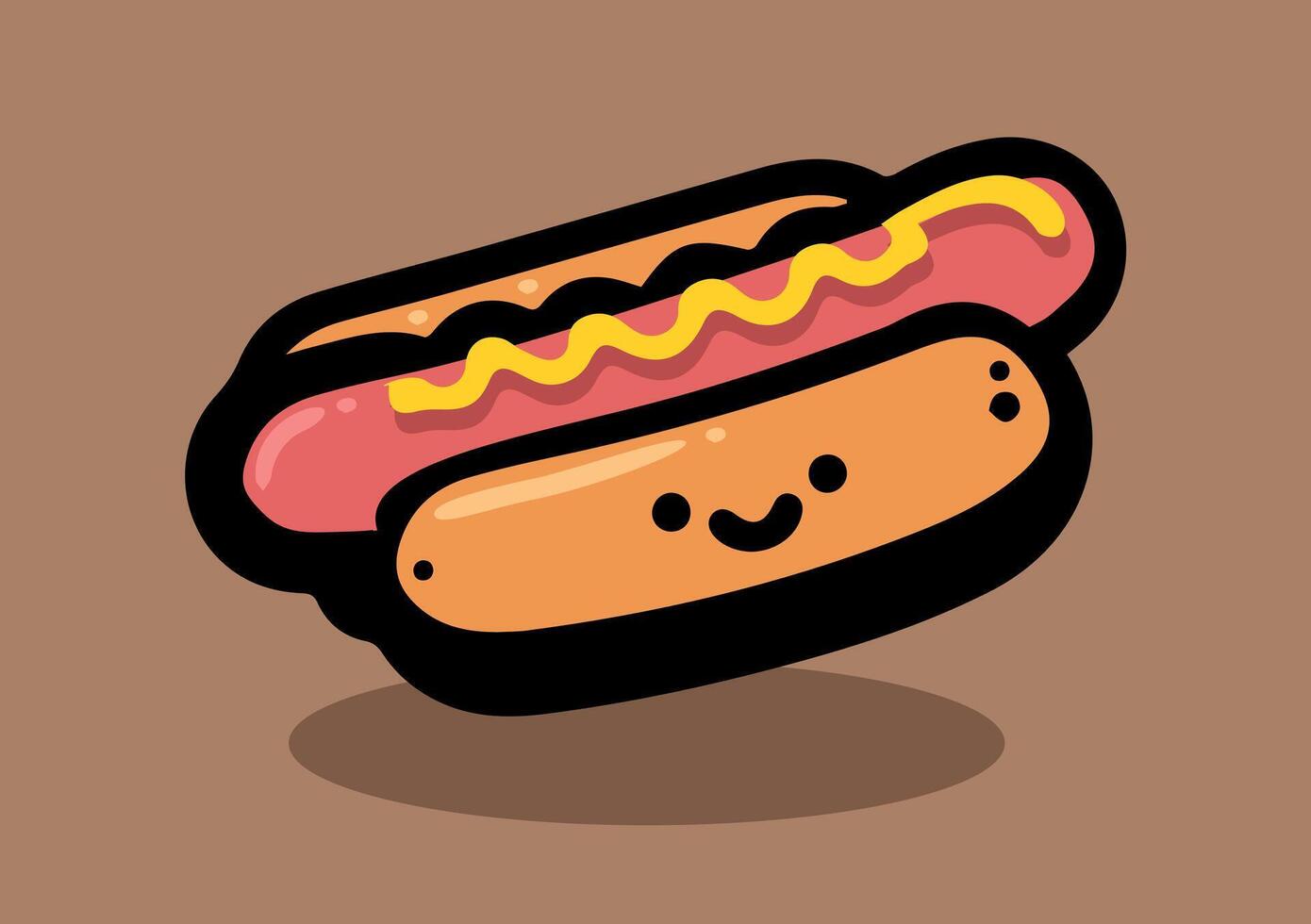Cute Smiling Hot Dog Cartoon Character. A fun and adorable cartoon-style hot dog with a smiling face and mustard topping. vector