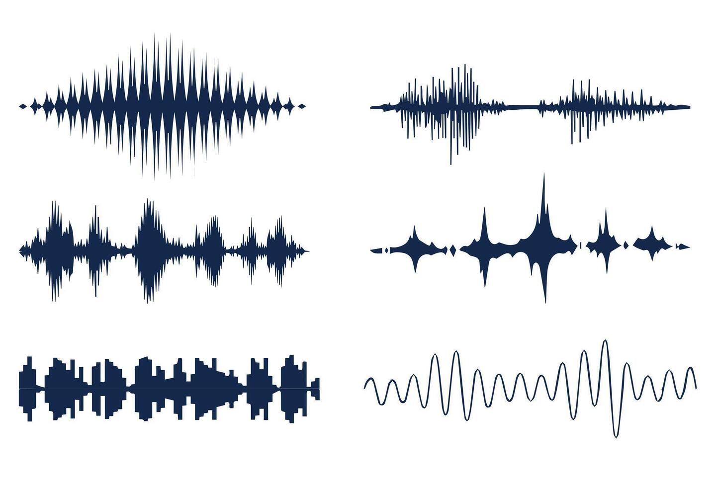 Sound Waveforms and Audio Frequencies in Blue Tones. A set of sound waves and audio waveforms visualized in blue, representing different frequencies and digital signals. vector