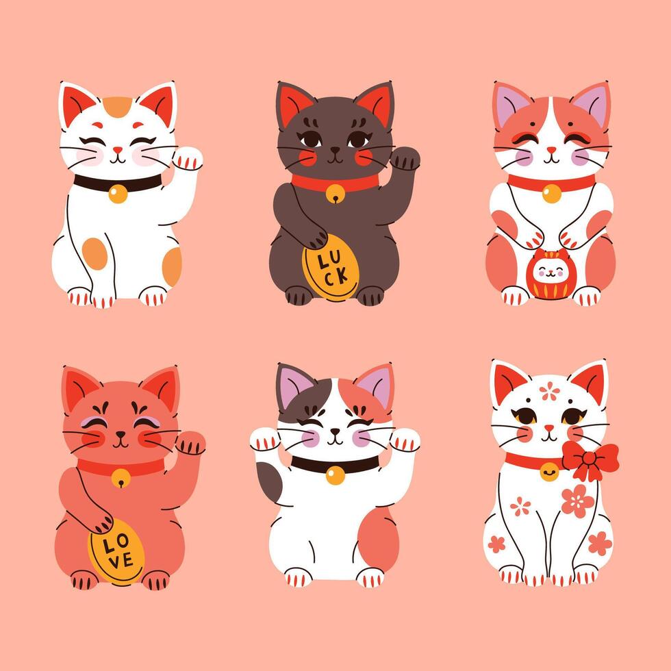 Set of cute kawaii maneki neko cats. graphics vector