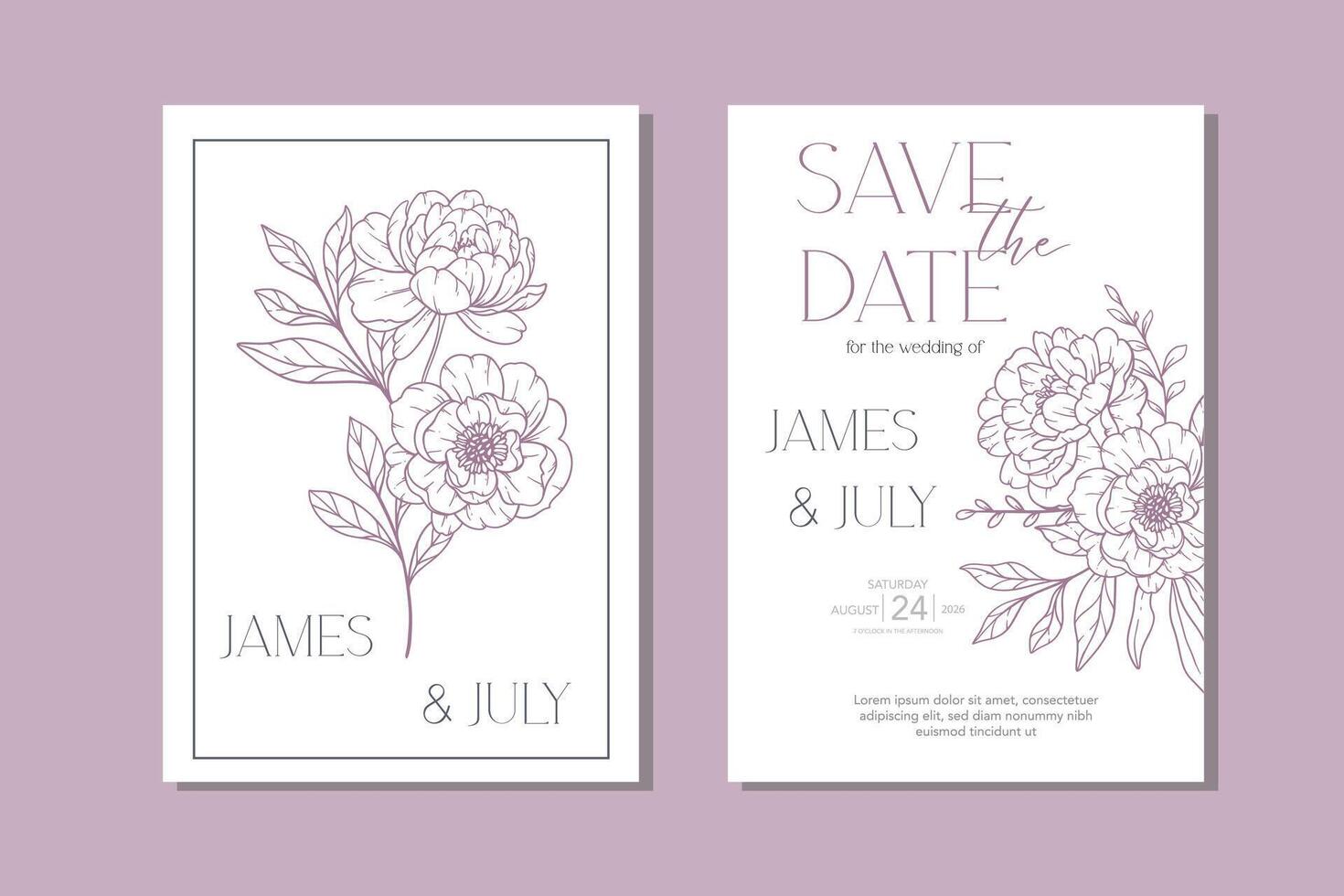 Gentle Peony Wedding Invitation template. Hand Drawn Line Art Peony Flowers. Outline Peonies Minimalist Wedding Design, Spring Summer Wedding invite template vector