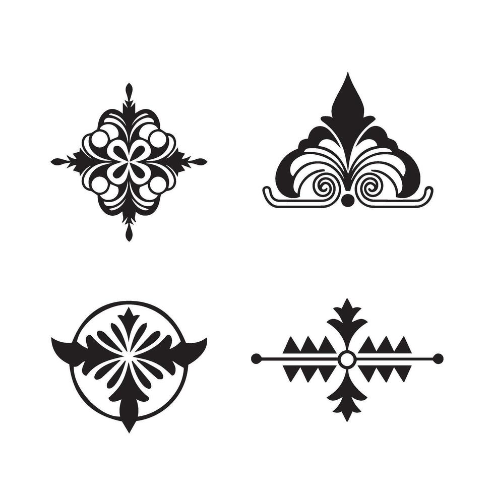 Vintage swirl calligraphic ornament flower shape star leaf heart shaped bell silhouette icon set for unique artistic concepts vector