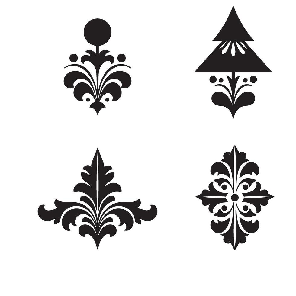 Luxury wedding decoration flower shape star leaf swirl calligraphic ornament heart shaped bell silhouette icon set for event planning vector