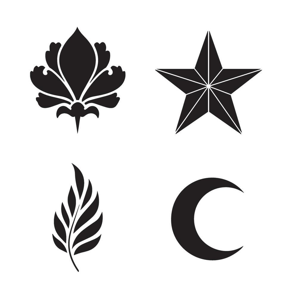Decorative New Year flower shape star leaf swirl calligraphic ornament heart shaped bell silhouette icon set for holiday cards vector