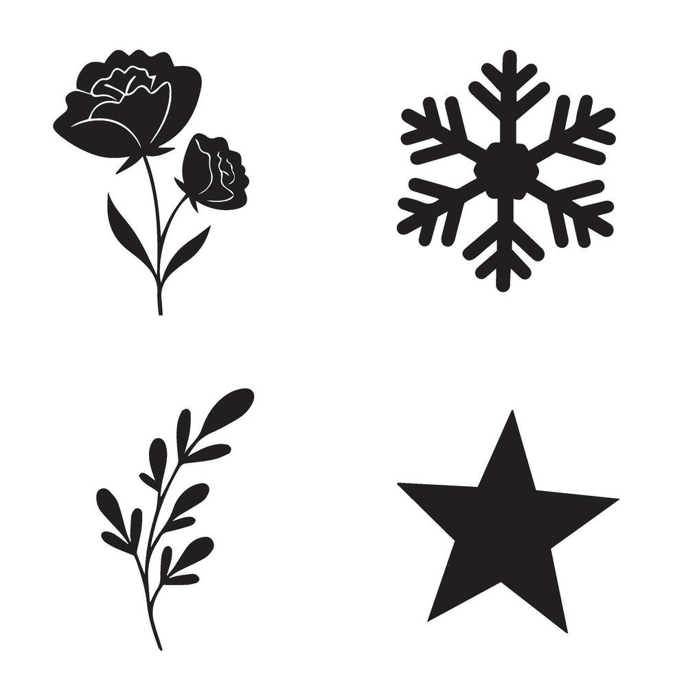 Unique flower shape star leaf swirl calligraphic ornament heart shaped bell silhouette icon set for professional decoration projects vector