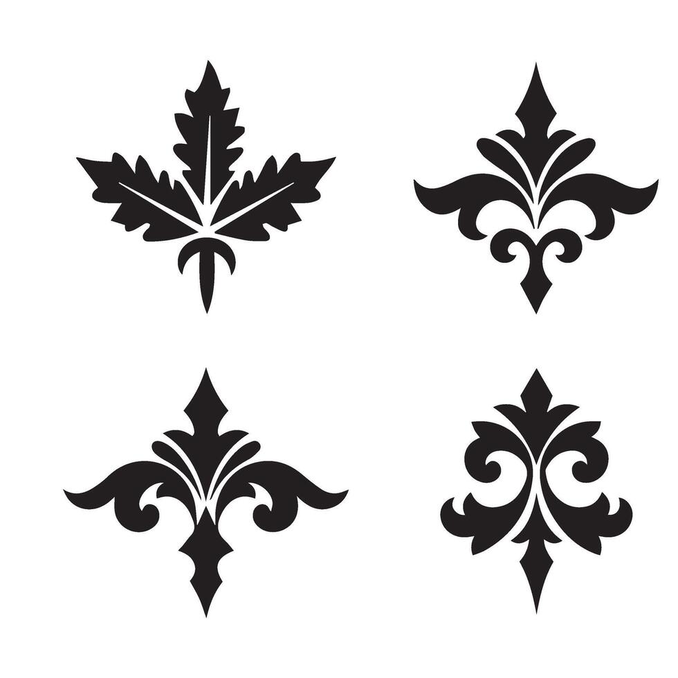 Stylish swirl calligraphic ornament flower shape star leaf heart shaped bell silhouette icon set for decorative projects vector