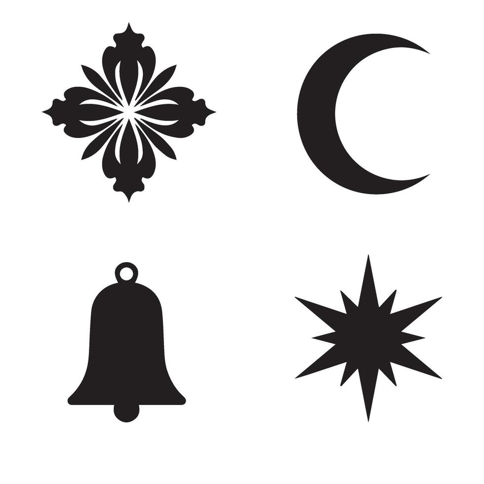 Romantic calligraphic ornament flower shape star leaf swirl heart shaped bell silhouette icon set for elegant styling vector