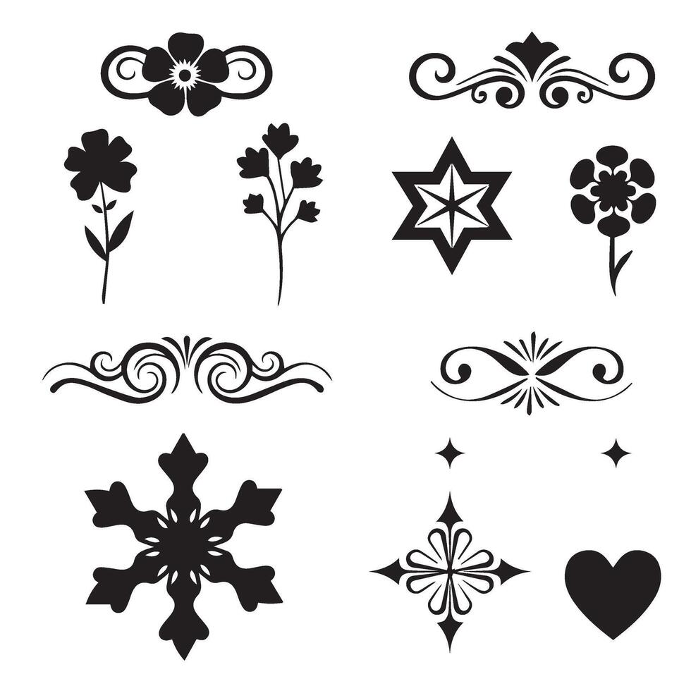 Elegant flower shape star leaf swirl calligraphic ornament heart shaped bell silhouette icon set for vintage wedding invitations vector