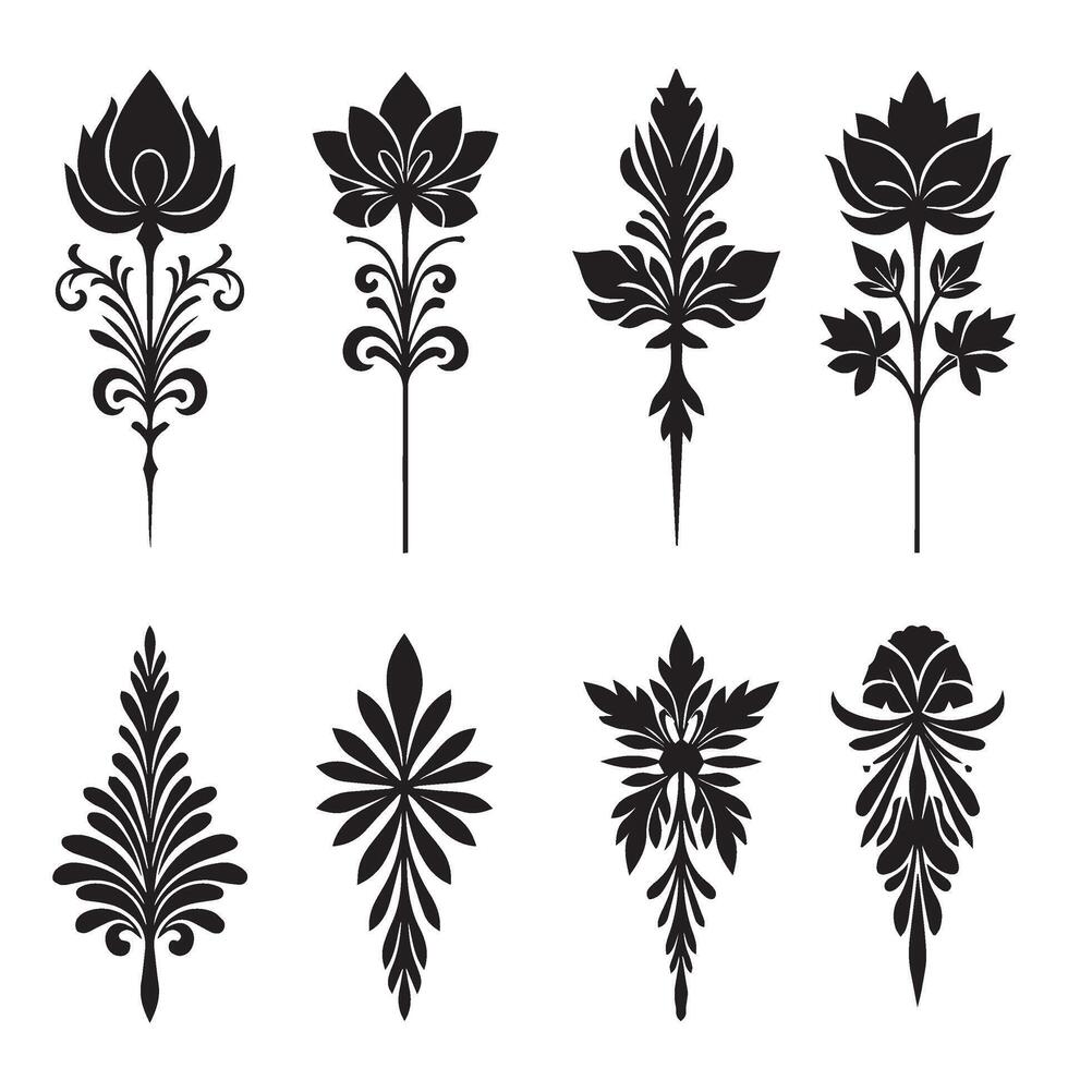 Festive flower shape star leaf swirl calligraphic ornament heart shaped bell silhouette icon set for seasonal greeting cards vector