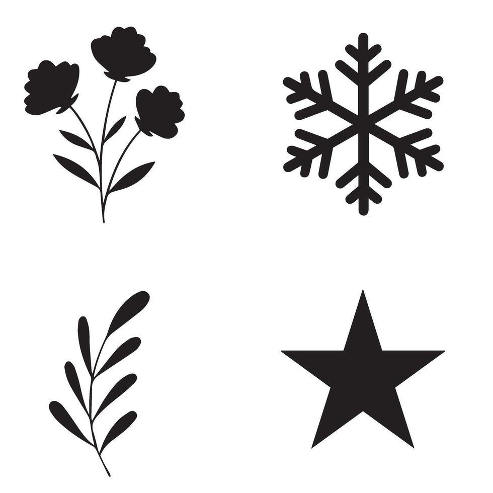 Perfect flower shape star leaf swirl calligraphic ornament heart shaped bell silhouette icon set for invitations and greeting cards vector