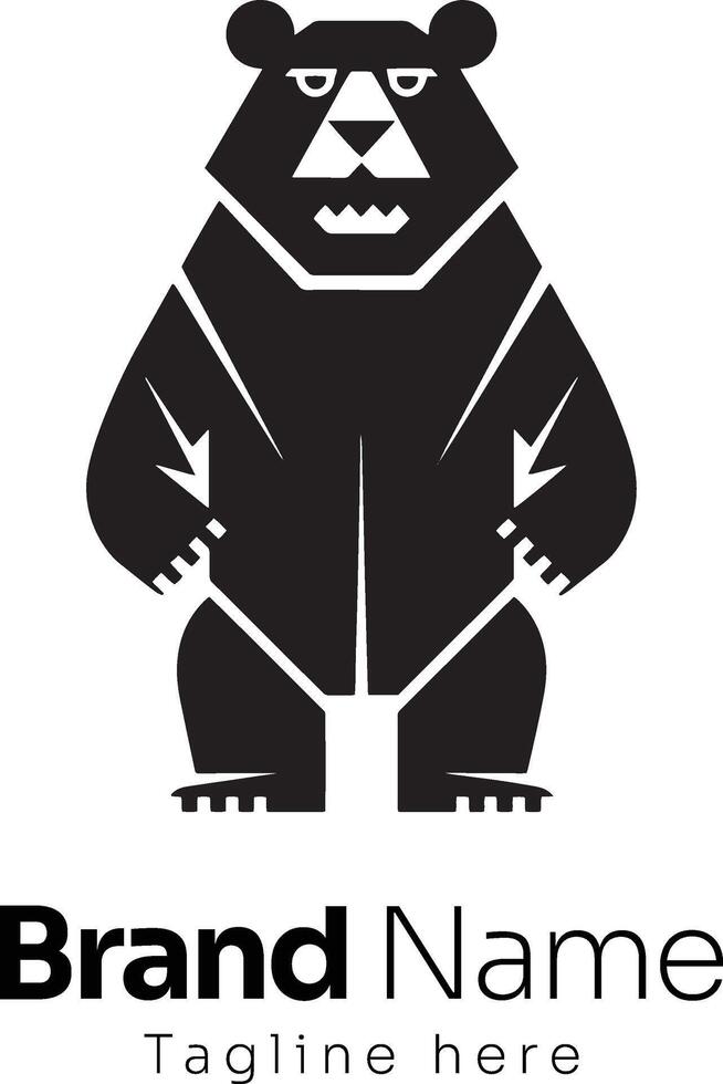 Bold geometric bear logo in black and white, featuring a stylized standing bear with sharp angular shapes and a fierce expression, vector