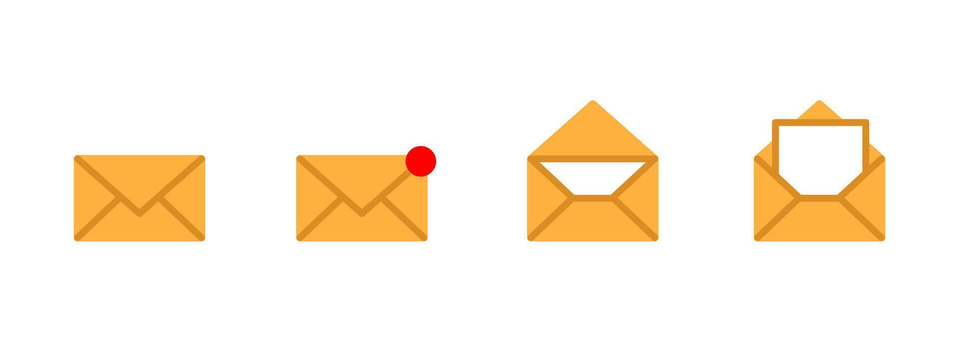 Email icon. Set of colored envelope illustrations with message alert, open mail and inbox symbols. Flat design for email notification and digital communication interfaces. vector