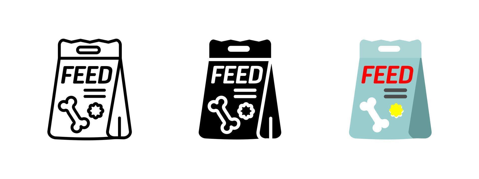 Pet food icon. Dog and cat feed bag illustration with bone and label. Animal nutrition product symbol for domestic pet care, dry food packaging and veterinary supply. vector