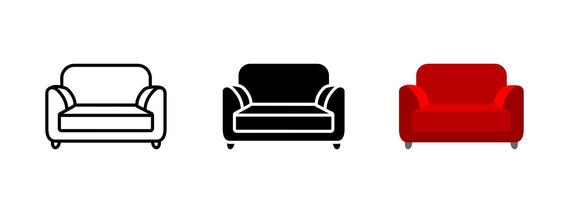 Sofa icon. Comfortable red couch with armrests illustration. Home furniture symbol for living room design, relaxation spaces and modern interior decoration concepts. vector