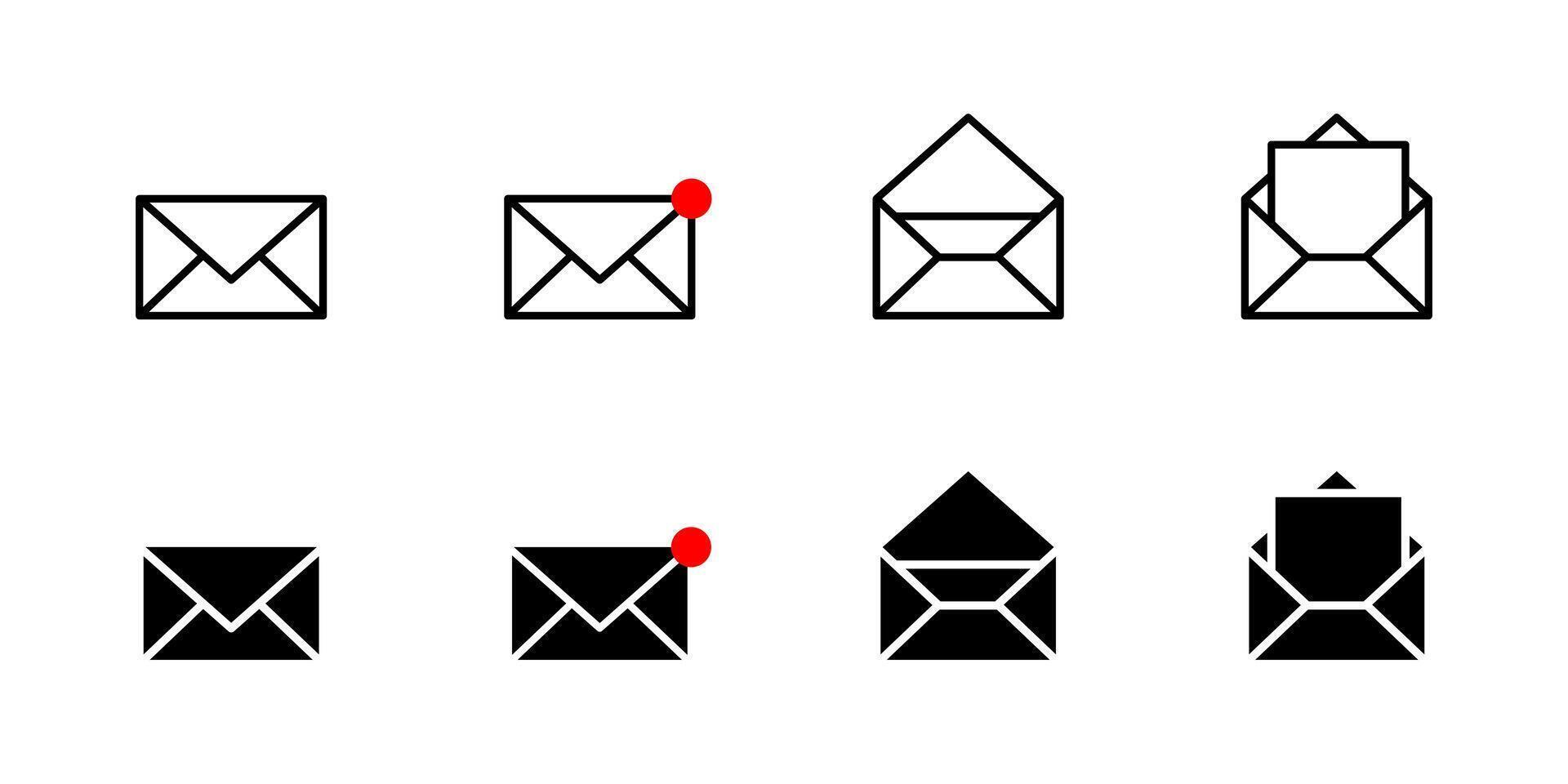 Email icon. Set of envelope symbols with new message alert, open and incoming mail variations. Communication illustration for inbox, notification and correspondence interface design. vector