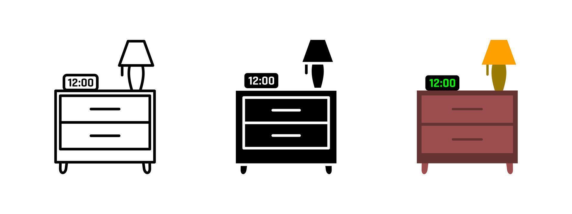 Nightstand icon. Bedside table with digital clock and lamp illustration. Bedroom furniture symbol for interior design, home organization and sleep environment setup. vector