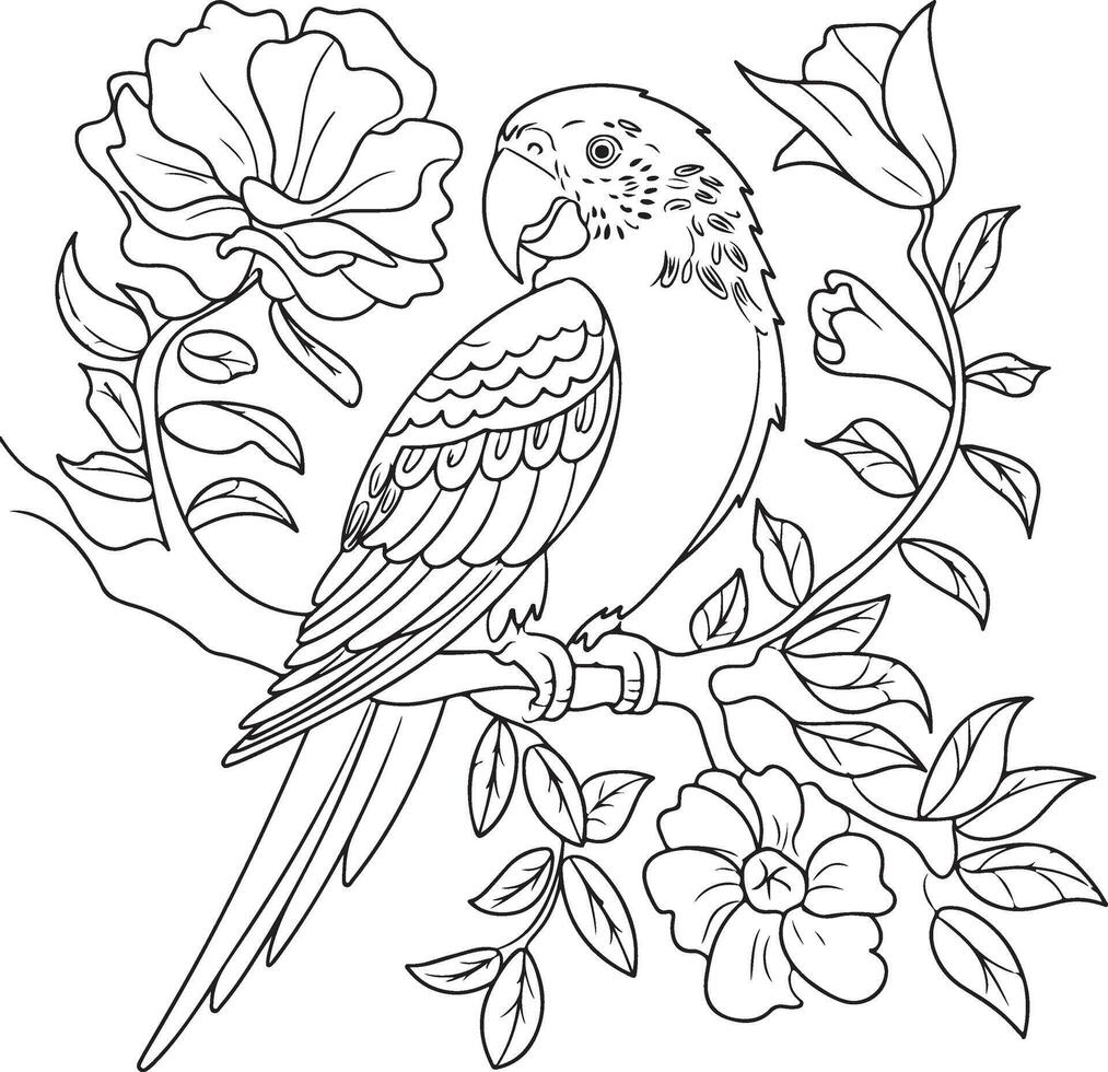Parrot perched on a flowering branch in a beautiful floral design, coloring book vector