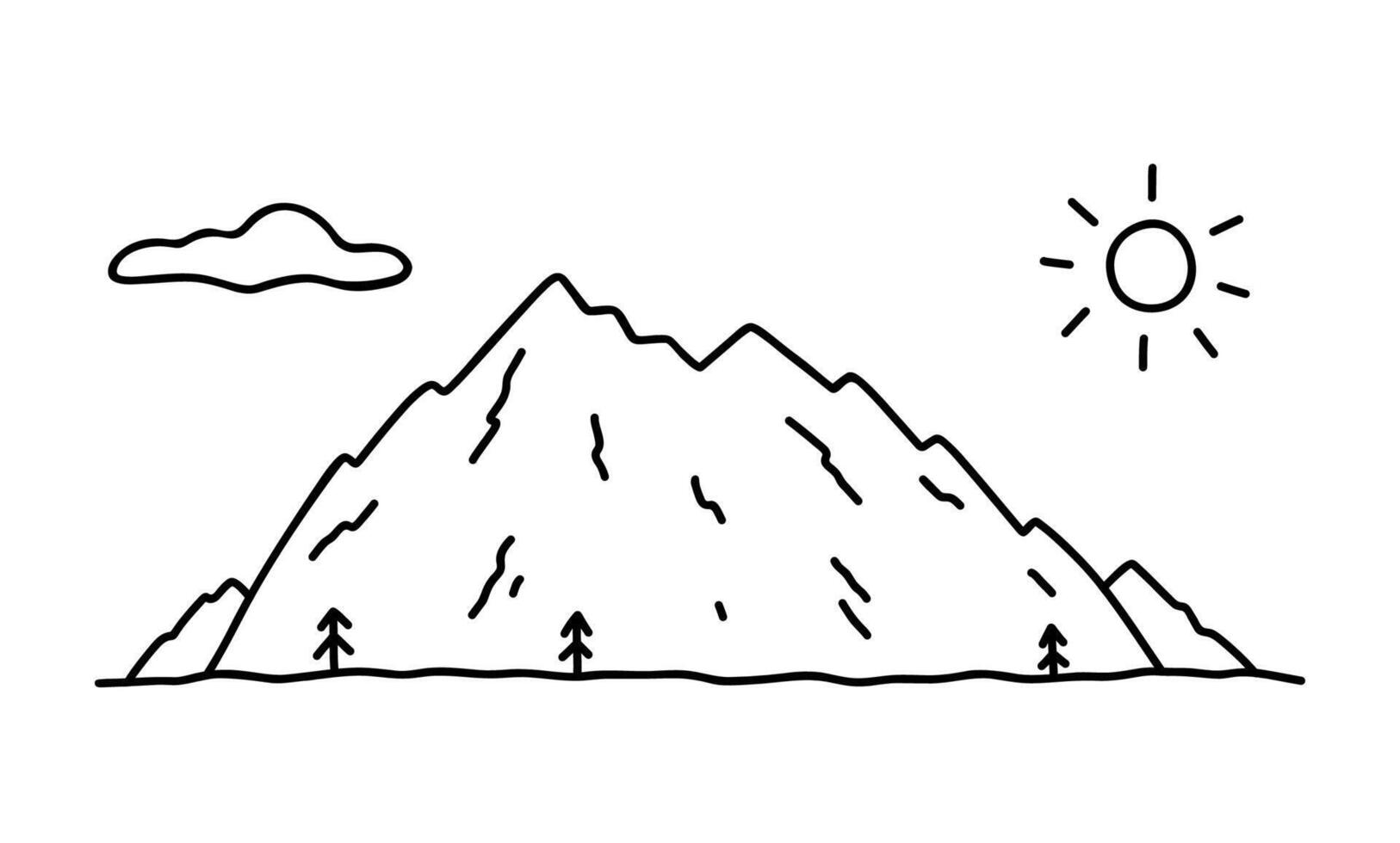 Landscape with mountains, clouds and sun. hand-drawn illustration in doodle style. Perfect for cards, banners, various designs. vector