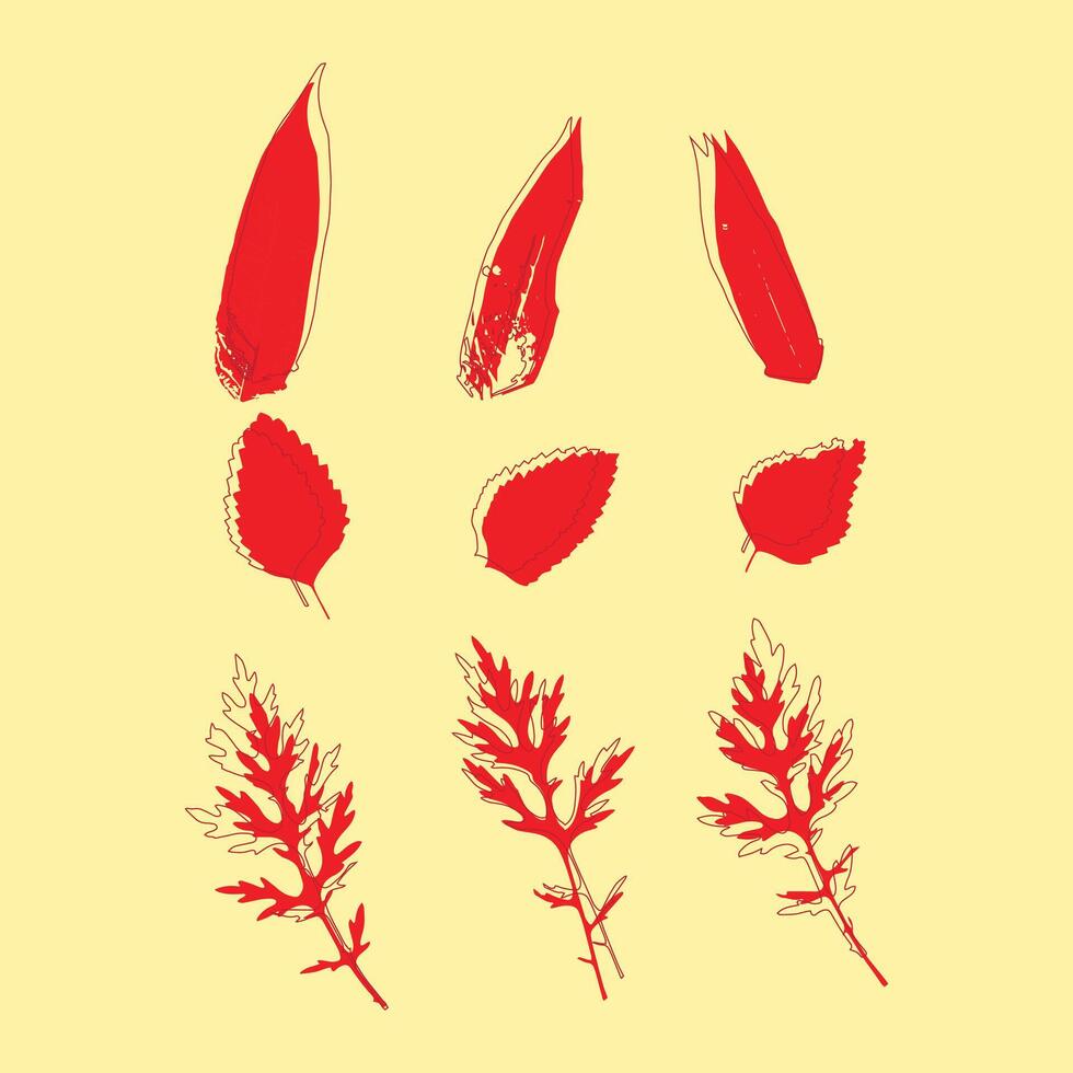 Red Botanical Leaf Set on Yellow Background, Nature Inspired Digital Illustration vector