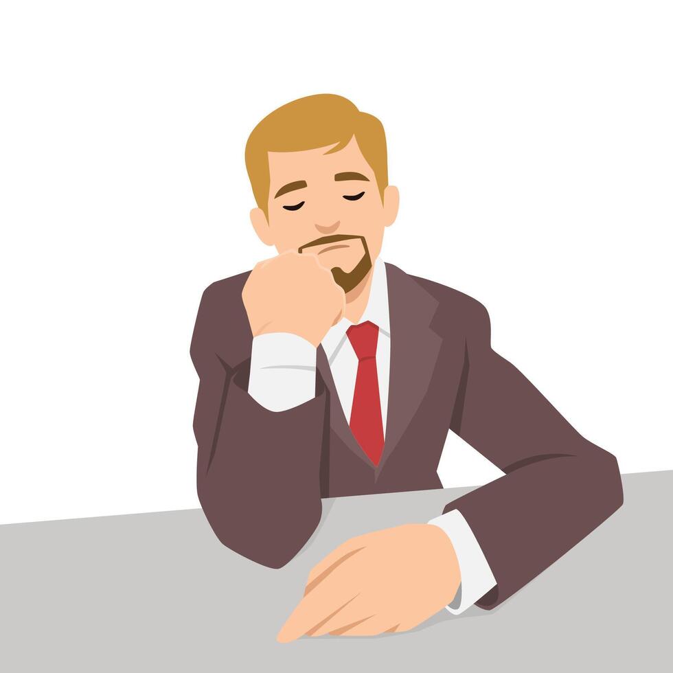 Man in a suit and red tie rests his head on his hand with closed eyes, bored or deep in thought. vector