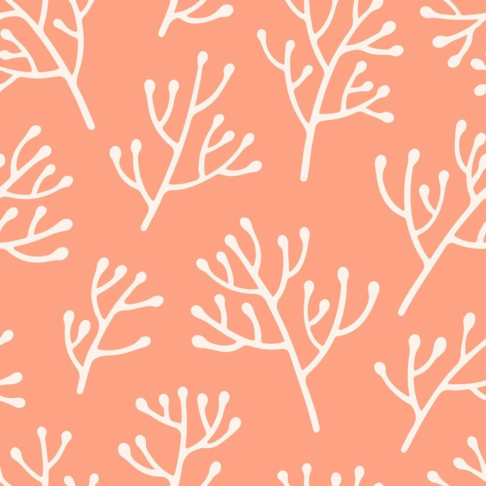 Hand Stamped White Twig Pattern on Coral Orange Background vector