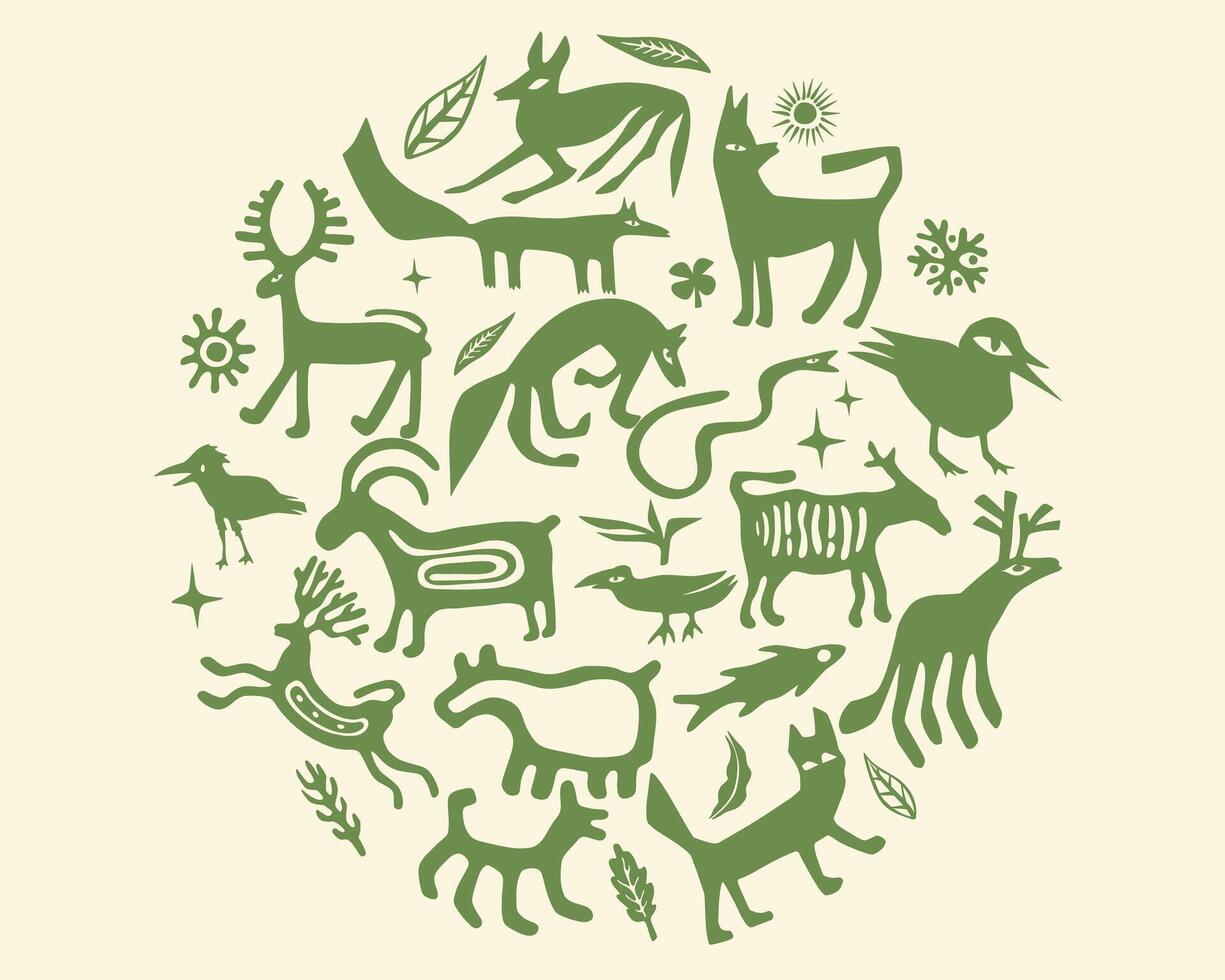 Ethnic animal nature n circle shape african tribe primitive textile silhouette motif layout pattern editable vector