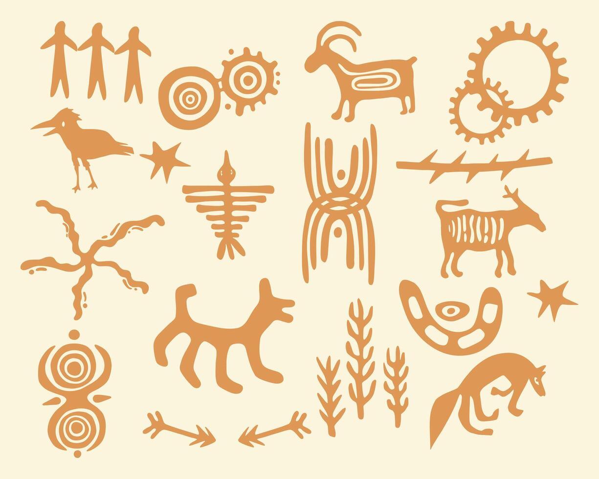 Ethnic vintage animal and botanical nature shape pattern african tribe primitive textile silhouette motif layout pattern editable vector