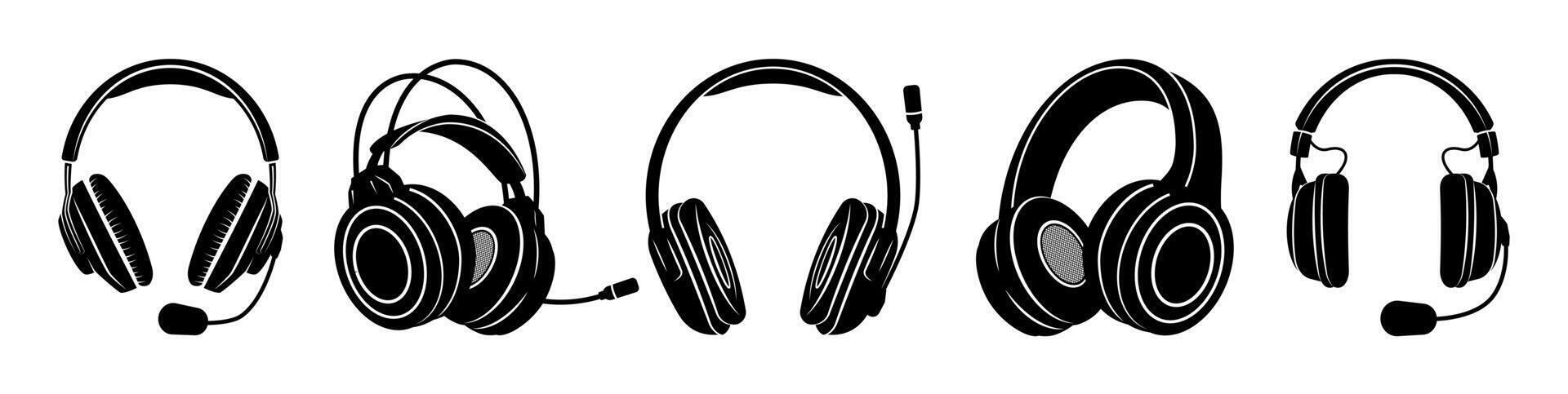 Headset web icon collection. Flat retro music listening device and headset sign collection. Black silhouette design, art image illustration, isolated on white background. vector